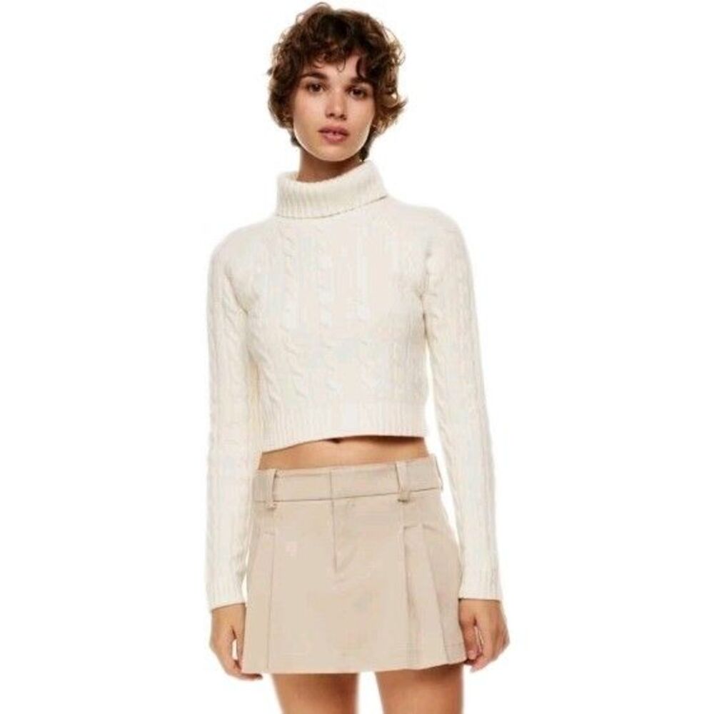 Sunday Best Aritzia Wool Blend Cable Knit Turtleneck Sweater Cream Ivory L EUC